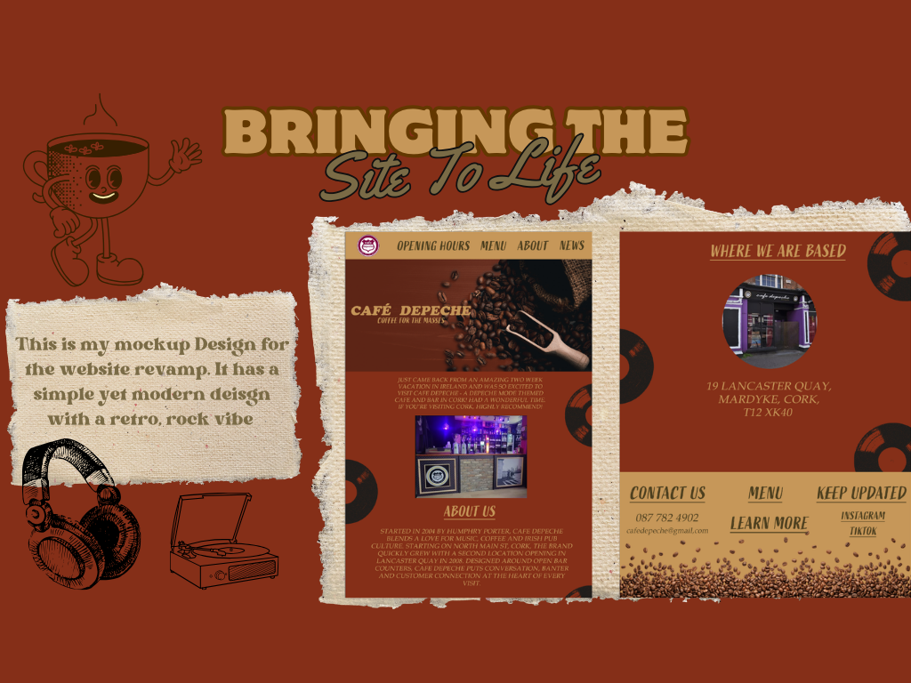 A graphic showing the completed website redesign for Cafe Depeche